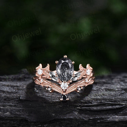 Twig oval cut black rutilated quartz engagement ring set rose gold branch leaf diamond ring art deco unique promise wedding ring set women