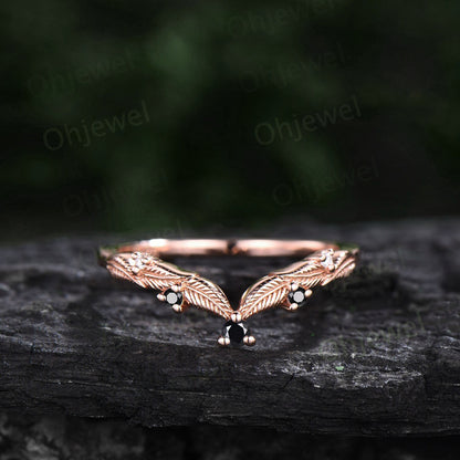 Twig oval cut black rutilated quartz engagement ring set rose gold branch leaf diamond ring art deco unique promise wedding ring set women