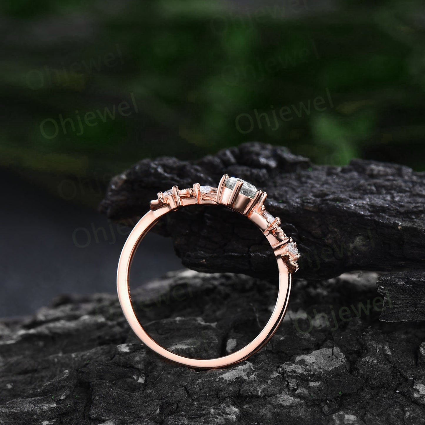 Twig oval cut moonstone engagement ring set 14k rose gold branch leaf nature inspired diamond ring art deco unique wedding ring set women
