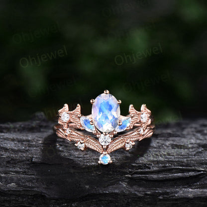 Twig oval cut moonstone engagement ring set 14k rose gold branch leaf nature inspired diamond ring art deco unique wedding ring set women