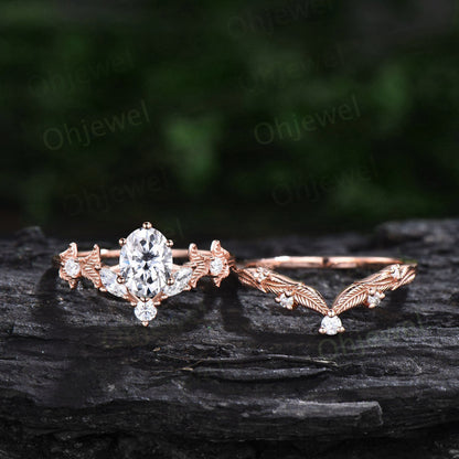 Unique oval moissanite engagement ring set rose gold Twig branch leaf nature inspired engagement ring diamond bridal wedding ring set women