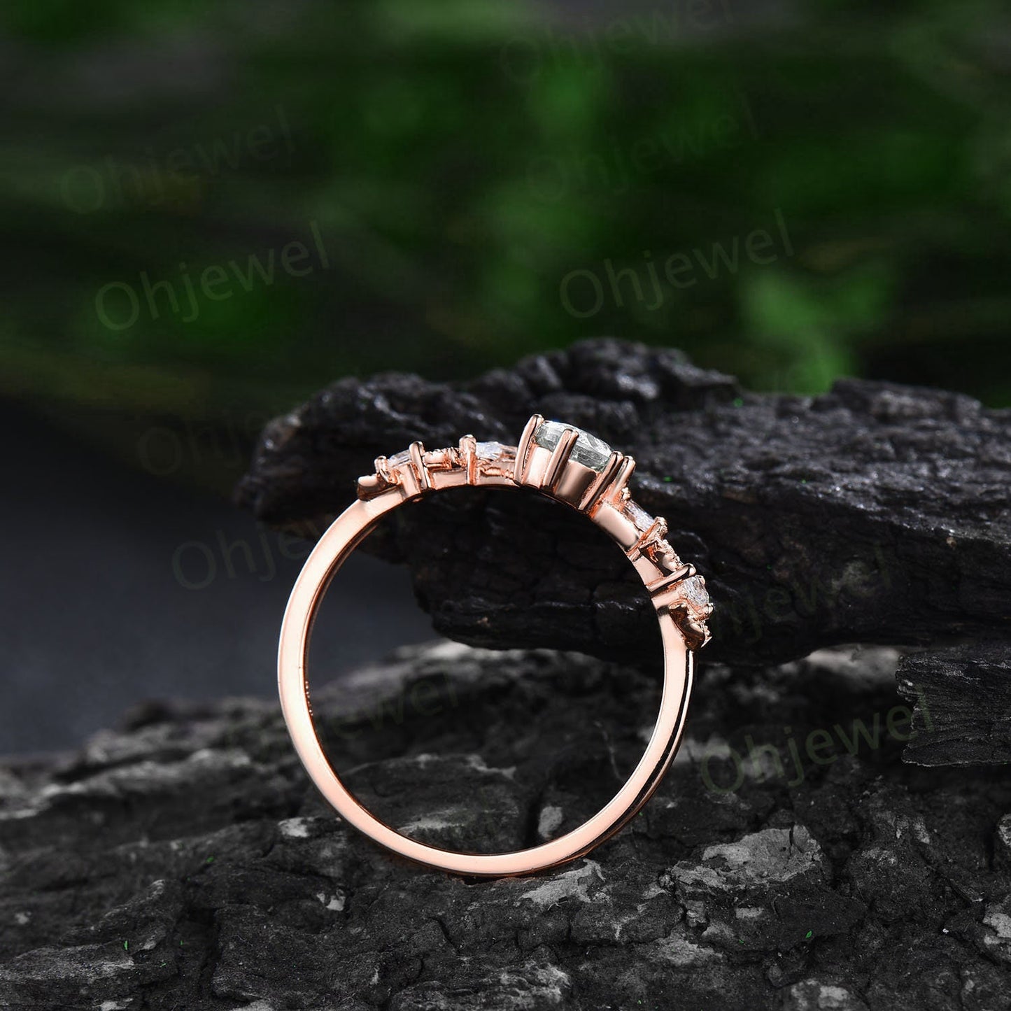 Unique oval moissanite engagement ring set rose gold Twig branch leaf nature inspired engagement ring diamond bridal wedding ring set women