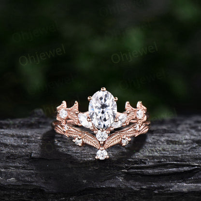 Unique oval moissanite engagement ring set rose gold Twig branch leaf nature inspired engagement ring diamond bridal wedding ring set women