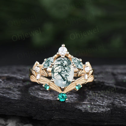 Vintage oval green moss agate engagement ring set rose gold marquise cut ring branch leaf diamond bridal anniversary ring set women gift