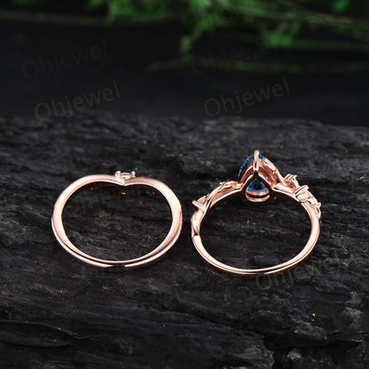Twig pear shaped London blue topaz engagement ring five stone vintage branch leaf rose gold nature inspired diamond wedding ring set women