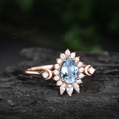 Dainty pear shaped Aquamarine ring unique engagement ring art deco rose gold vintage style ring halo moissanite anniversary ring women gift