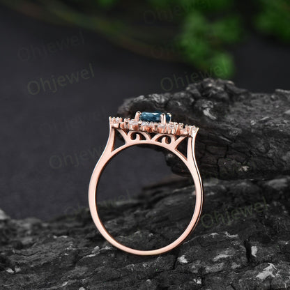 Dainty pear shaped Aquamarine ring unique engagement ring art deco rose gold vintage style ring halo moissanite anniversary ring women gift