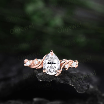 Unique pear shaped Moissanite engagement ring set solid 14k rose gold Twig branch leaf nature inspired diamond anniversary ring women gift