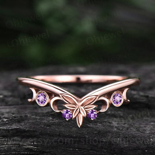 Unique Amethsyt wedding band solid 14k rose gold vintage dainty leaf wedding ring band women Celtic Knot Norse Viking ring Jewelry gift