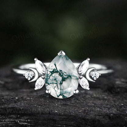 Unique pear shaped green moss agate engagement ring rose gold moon ring vintage art deco ememrald ring women moissnaite wedding ring gift
