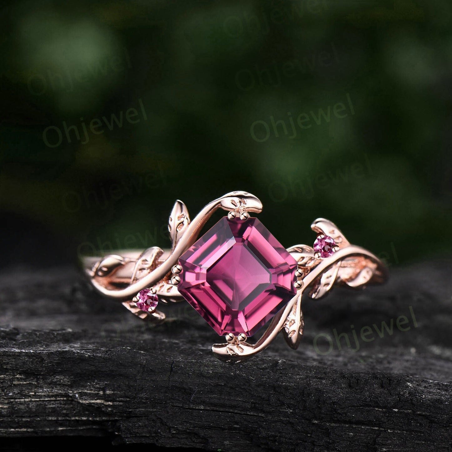 Twig Asscher cut Pink Tourmaline engagement ring 14k rose gold leaf branch three stone diamond ring unique promise wedding ring women gift
