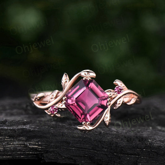 Twig Asscher cut Pink Tourmaline engagement ring 14k rose gold leaf branch three stone diamond ring unique promise wedding ring women gift