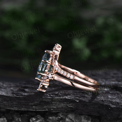 7x10mm kite cut Alexandrite engagement ring set solid 14k rose gold art deco V shaped diamond ring unique promise wedding ring set for women