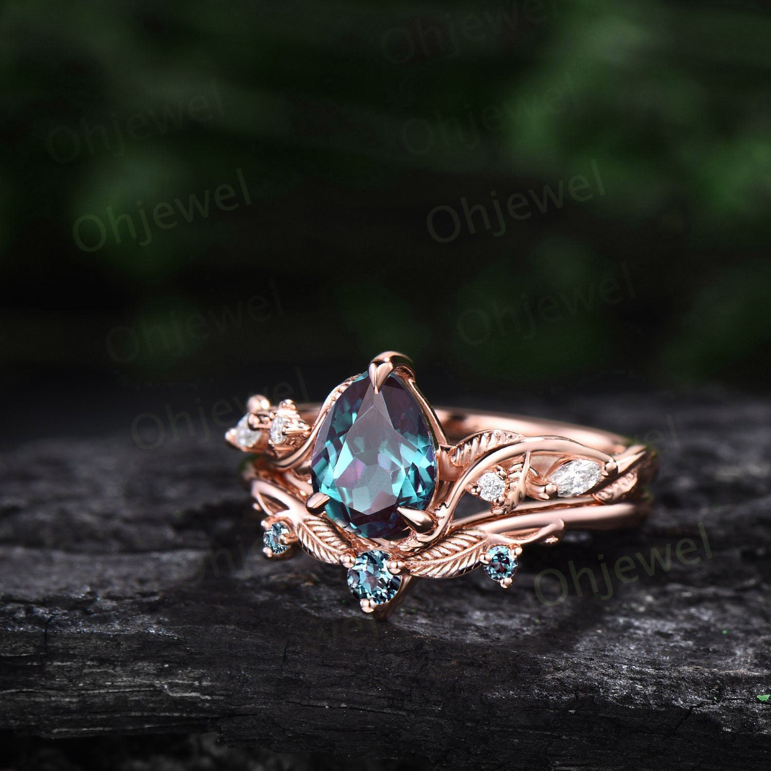 Twig Pear Shaped Alexandrite Engagement Ring Five Stone Vintage Branch Leaf Wedding Ring Set Rose Gold Nature Inspired Diamond Ring Women 2pc Bridal