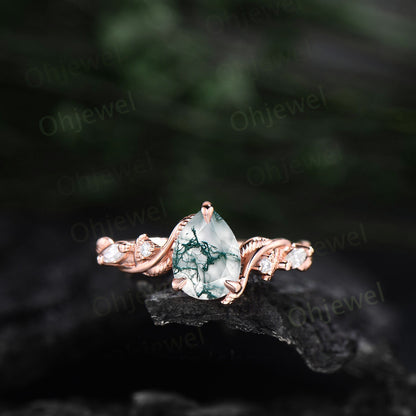 Twig pear shaped moss agate engagement ring five stone vintage branch leaf wedding ring set rose gold nature inspired emerald ring for women