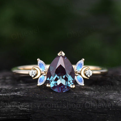 Unique pear shaped alexandrite engagement ring 14k yellow gold moon ring vintage art deco moonstone ring women moissnaite wedding ring gift