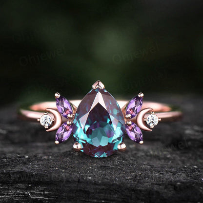 Unique pear shaped alexandrite engagement ring 14k yellow gold moon ring vintage art deco moonstone ring women moissnaite wedding ring gift