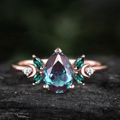 Unique pear shaped alexandrite engagement ring 14k yellow gold moon ring vintage art deco moonstone ring women moissnaite wedding ring gift