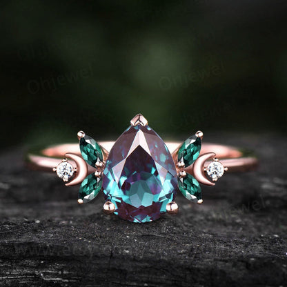Unique pear shaped alexandrite engagement ring rose gold moon ring vintage art deco amethyst ring women moissnaite promise wedding ring gift