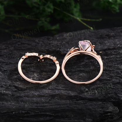 Twig oval rose quartz ring unique rose quartz engagement ring set leaf nature inspired rose gold crystal ring diamond wedding ring set women