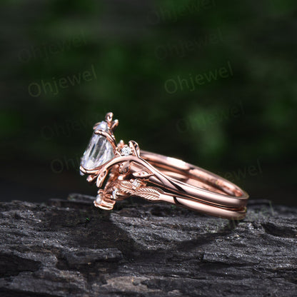 Oval cut blue labradorite ring twig leaf engagement ring set branch nature inspired rose gold ring vintage diamond bridal ring set for women