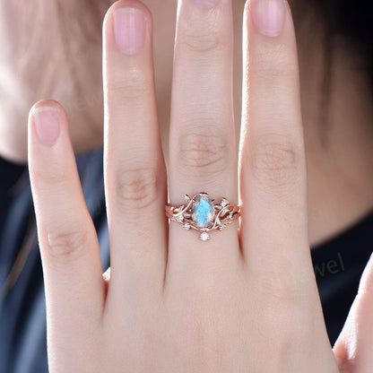 Oval cut blue labradorite ring twig leaf engagement ring set branch nature inspired rose gold ring vintage diamond bridal ring set for women
