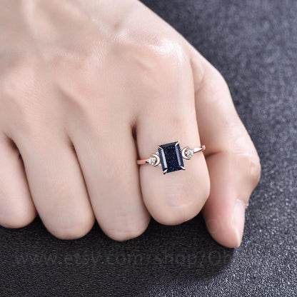 Vintage emerald cut blue sandstone ring unique engagement ring rose gold moon ring cluster sapphire ring dainty anniversary ring for women