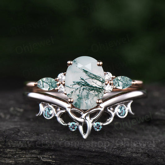 Oval cut green moss agate ring vintage moss agate engagement ring set rose gold marquise cut wedding ring cluster alexandrite ring for women