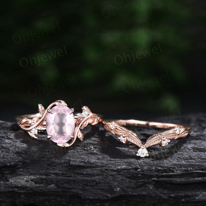 Twig oval rose quartz ring unique rose quartz engagement ring set leaf nature inspired rose gold crystal ring diamond wedding ring set women