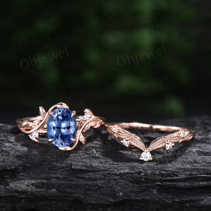 Unique oval cut Tanzanite engagement ring set leaf nature inspired twig rose gold ring branch diamond promise wedding ring set women gift