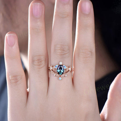 Moonstone Alexandrite ring vintage leaf twig engagement ring set nature inspired diamond ring unique branch wedding bridal ring set women
