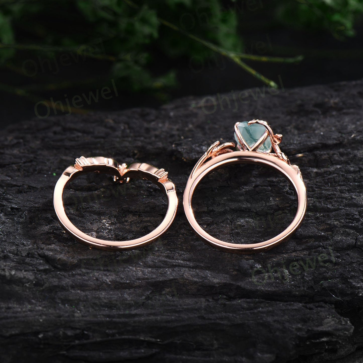 Twig oval cut green moss agate ring unique engagement ring set women leaf nature inspired rose gold ring branch diamond bridal ring set gift