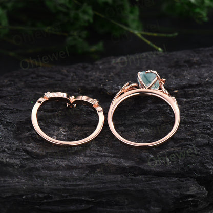 Twig oval cut green moss agate ring unique engagement ring set women leaf nature inspired rose gold ring branch diamond bridal ring set gift