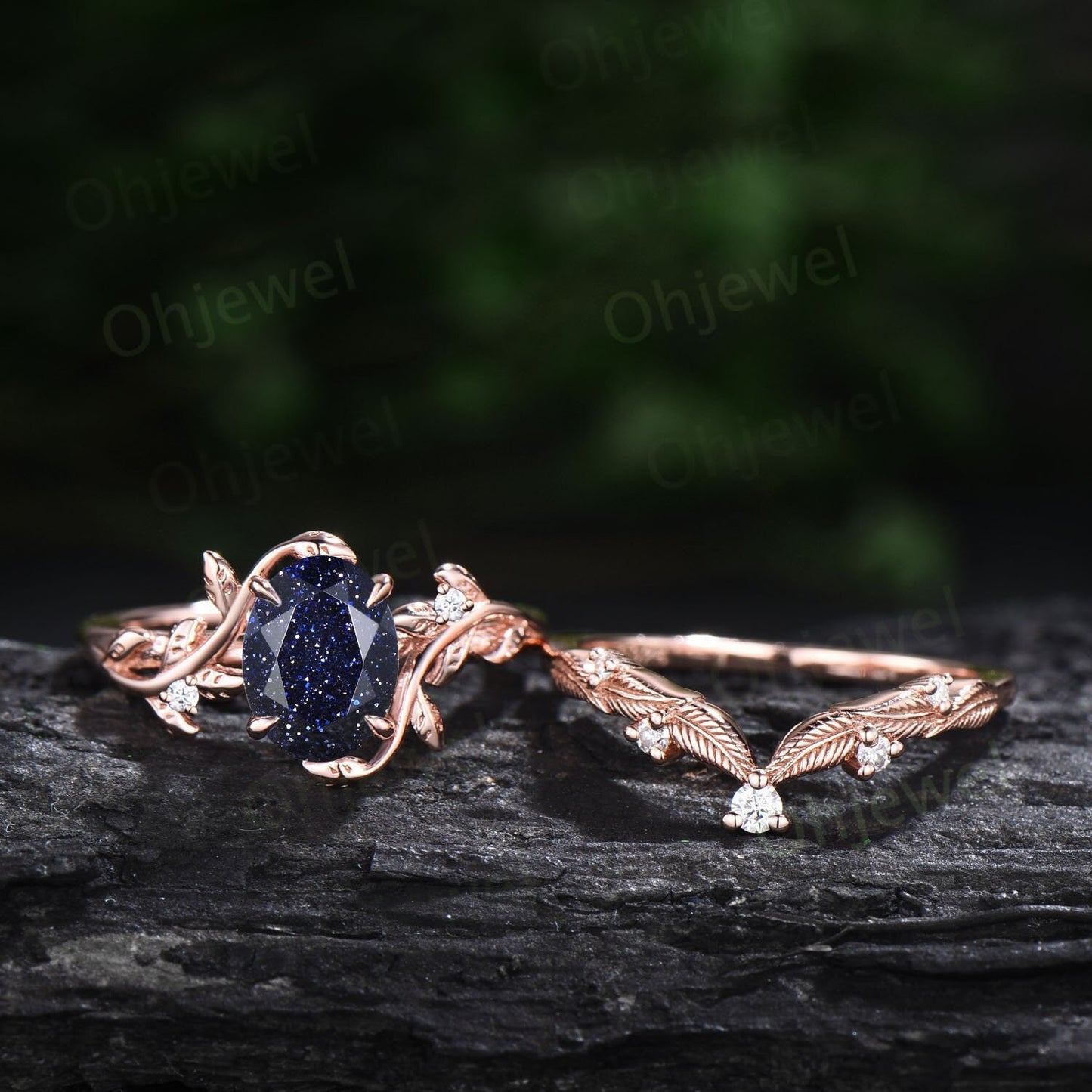 Oval cut blue sandstone ring twig leaf engagement ring set branch nature inspired rose gold ring vintage diamond bridal ring set for women
