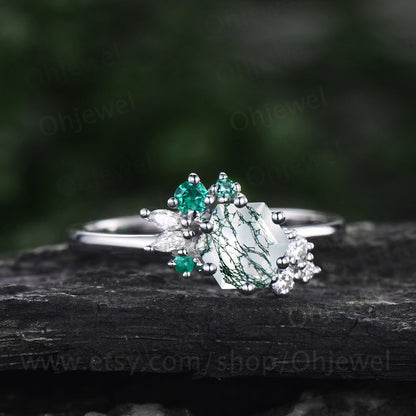 Hexagon cut green moss agate ring rose gold silver vintage unique engagement ring cluster emerald moissanite bridal wedding ring women gift