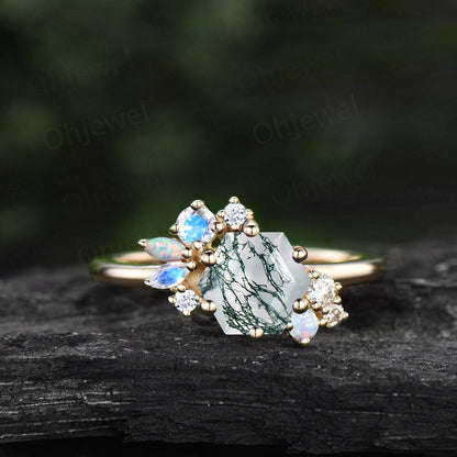 Hexagon cut green moss agate ring rose gold silver vintage unique engagement ring cluster emerald moissanite bridal wedding ring women gift