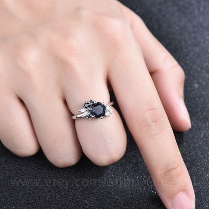 Hexagon cut blue sandstone ring rose gold silver for women vintage unique engagement ring dainty art deco sapphire moissanite wedding ring