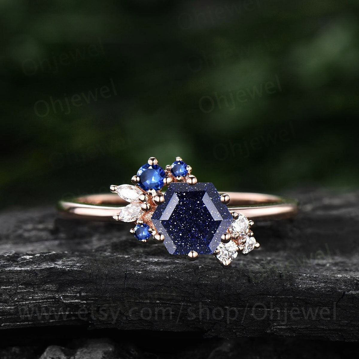 Hexagon cut blue sandstone ring rose gold silver for women vintage unique engagement ring dainty art deco sapphire moissanite wedding ring