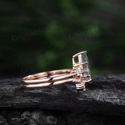 Green moss agate ring vintage kite cut moss agate engagement ring set Minimalist dainty rose gold ring diamond anniversary ring set women
