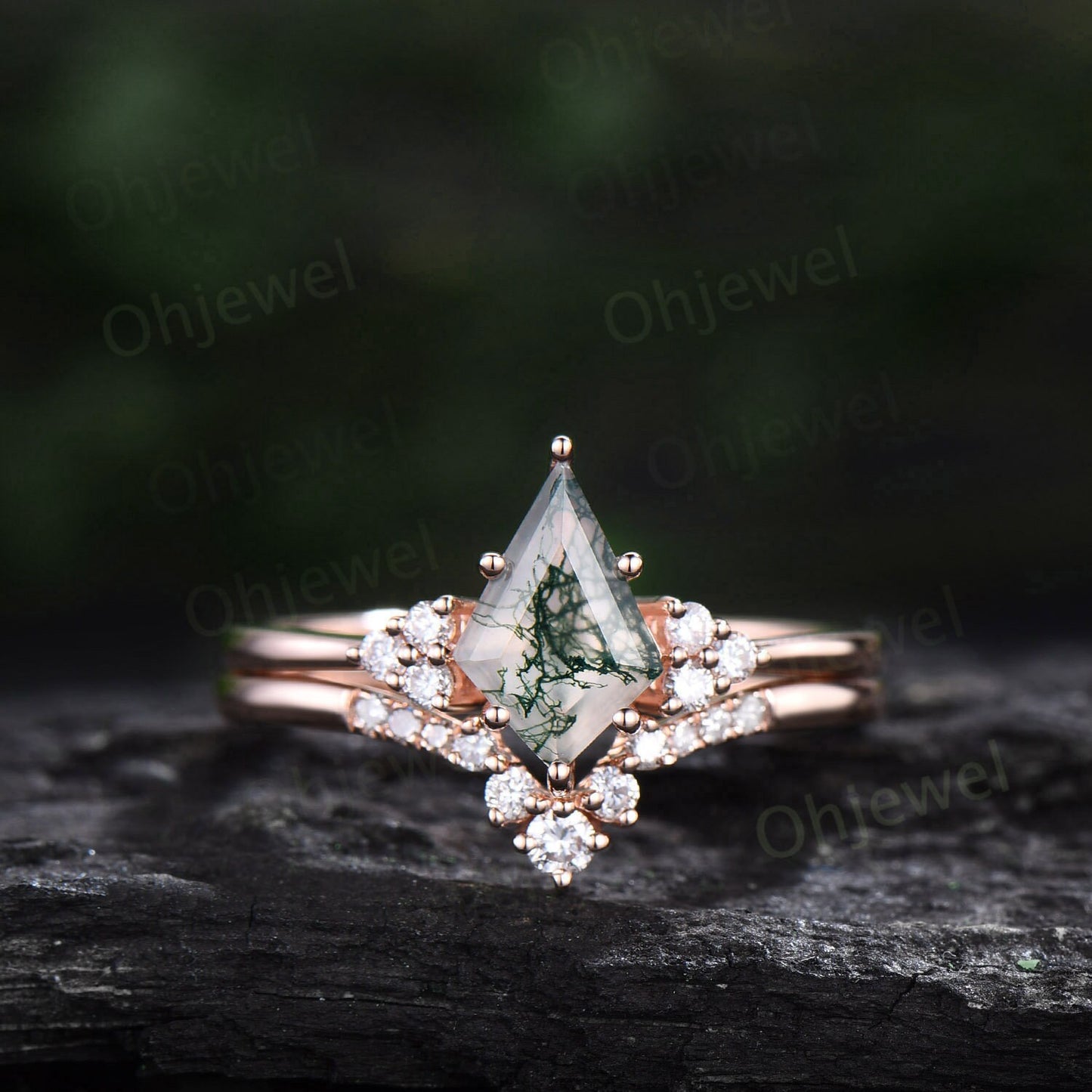 Green moss agate ring vintage kite cut moss agate engagement ring set Minimalist dainty rose gold ring diamond anniversary ring set women