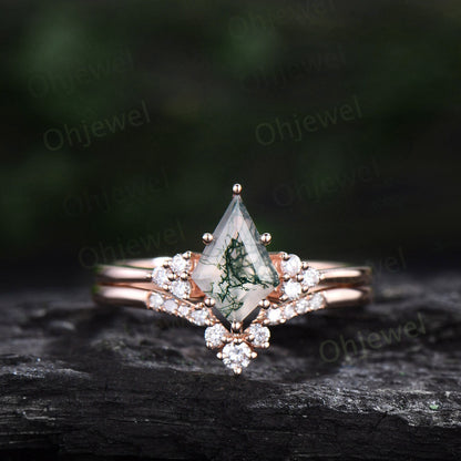 Green moss agate ring vintage kite cut moss agate engagement ring set Minimalist dainty rose gold ring diamond anniversary ring set women