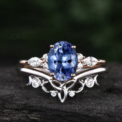 Oval cut Tanzanite ring vintage Tanzanite engagement ring set solid 14k rose gold art deco diamond ring for women unique promise ring set