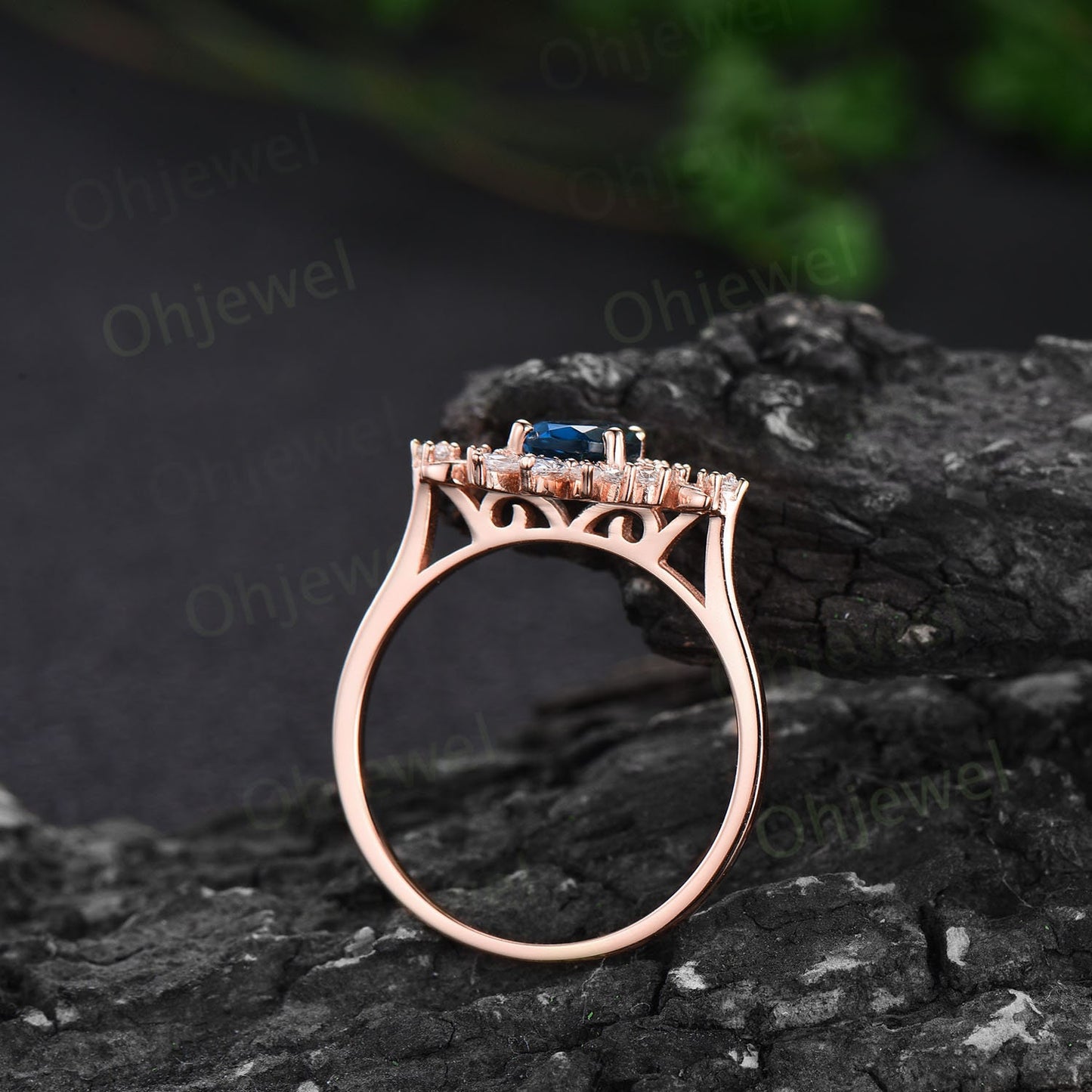 Dainty pear shaped London blue topaz ring unique engagement ring rose gold vintage style ring halo moissanite anniversary ring women gift