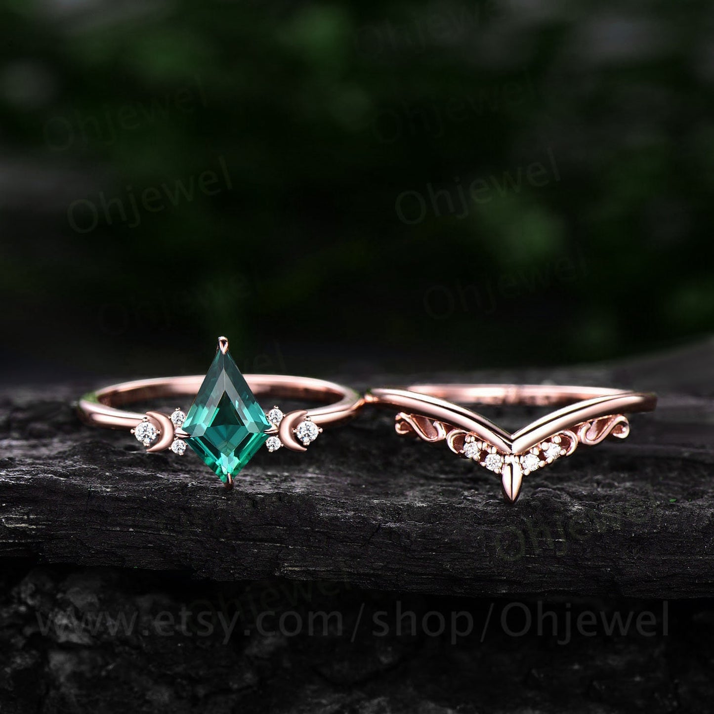 Vintage kite cut green emerald engagement ring set 14k rose gold moon ring set cluster moissanite ring women antique rings unique bridal set