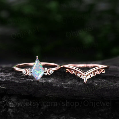 Opal ring vintage kite cut white opal engagement ring set rose gold moon ring set cluster diamond ring unique anniversary ring women gift