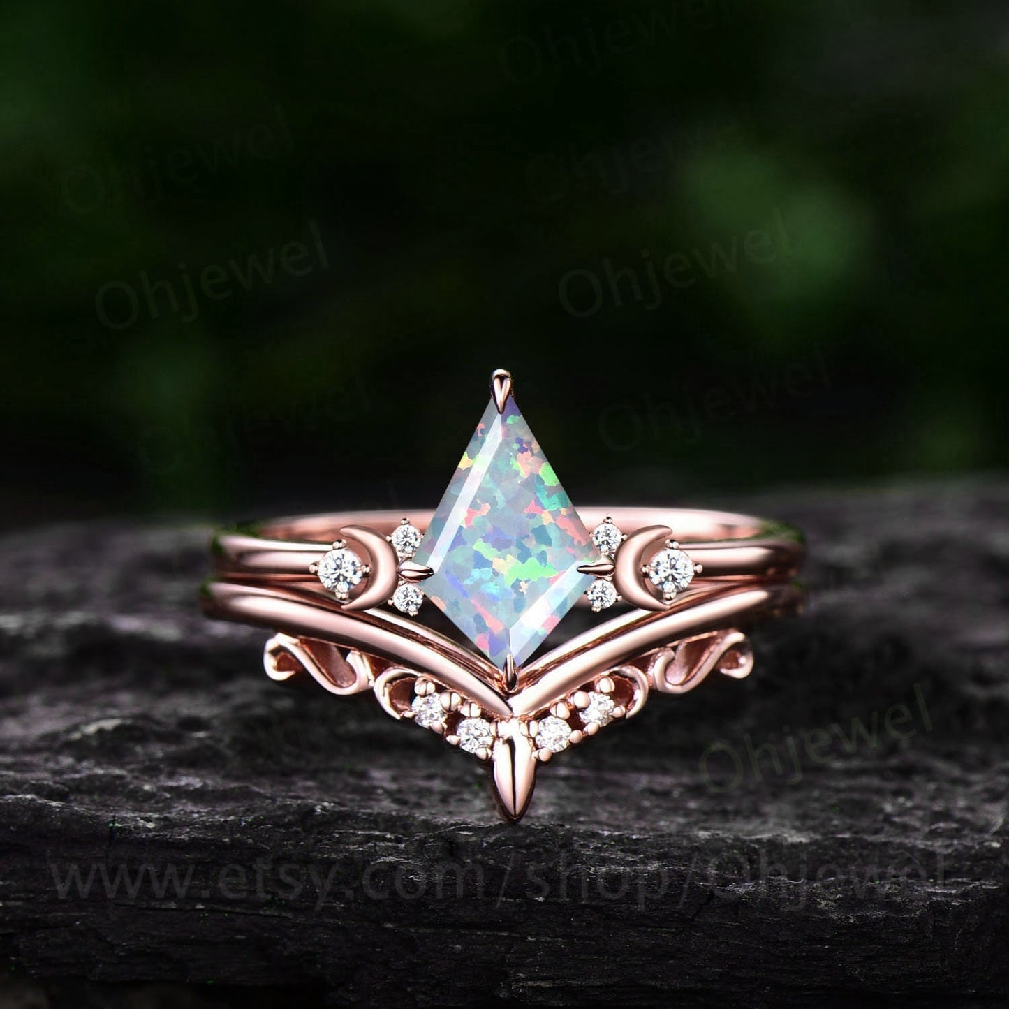 Opal ring vintage kite cut white opal engagement ring set rose gold moon ring set cluster diamond ring unique anniversary ring women gift