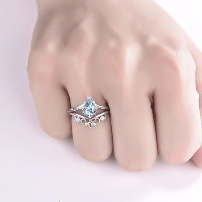 Pear shaped aquamarine engagement ring set 14k rose gold milgrain moissanite ring for women march birthstone norse viking ring Jewelry
