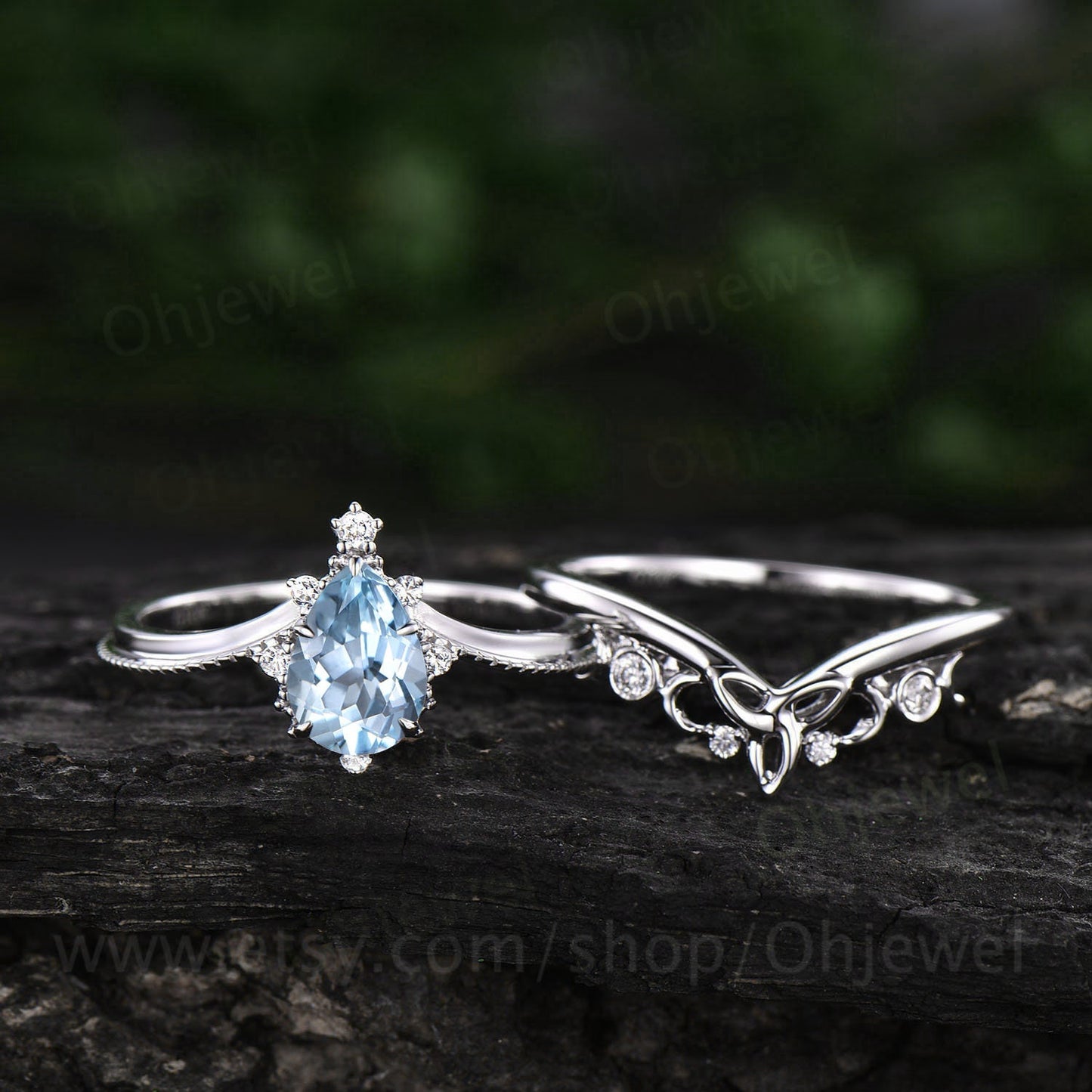 Pear shaped aquamarine engagement ring set 14k rose gold milgrain moissanite ring for women march birthstone norse viking ring Jewelry