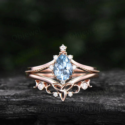 Pear shaped aquamarine engagement ring set 14k rose gold milgrain moissanite ring for women march birthstone norse viking ring Jewelry
