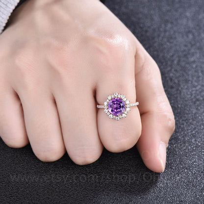 2ct round Amethyst ring rose gold vintage unique Amethyst engagement ring set halo snowdrift moissanite bridal anniversary ring set women